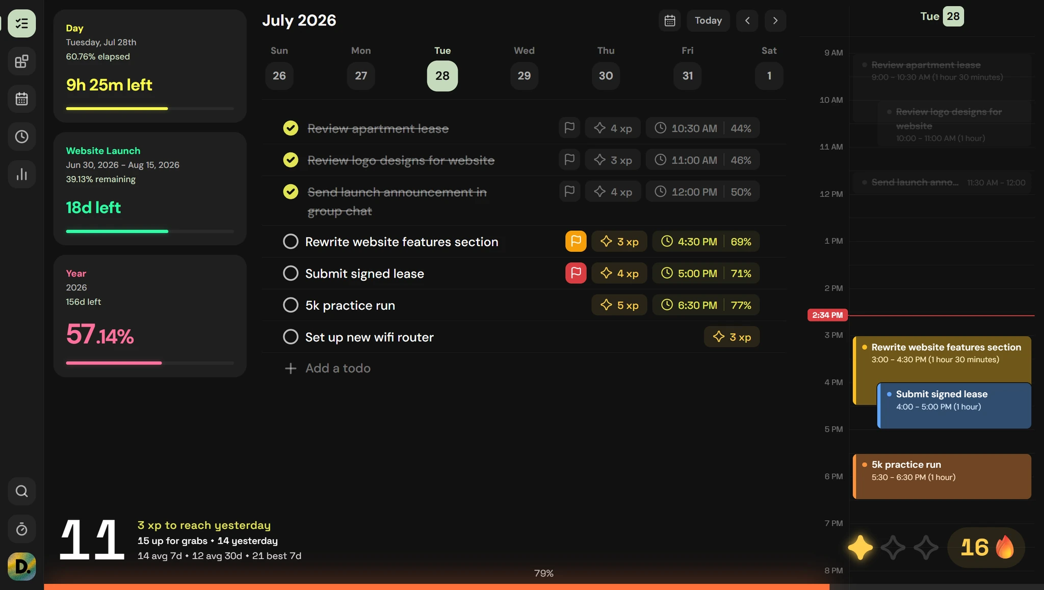 The Dunzo daily list page: time tracker widgets on the left, the day's tasks and week strip in the center, and a one-day calendar on the right