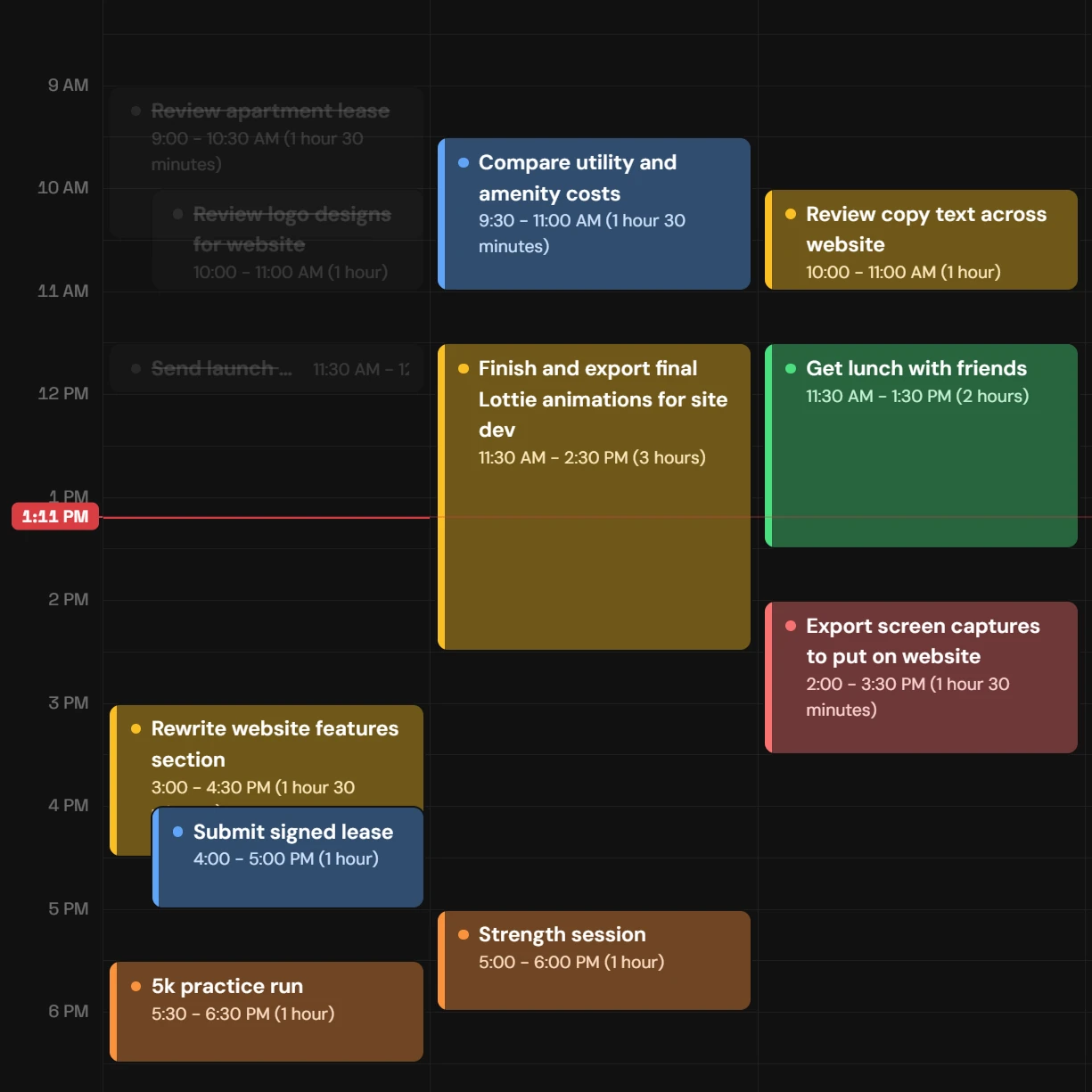 The Dunzo calendar page, with tasks laid out as blocks across several days