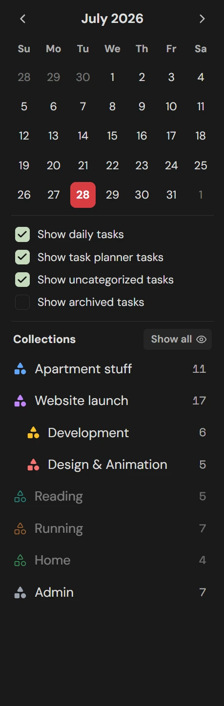 The calendar sidebar, with some collections toggled off