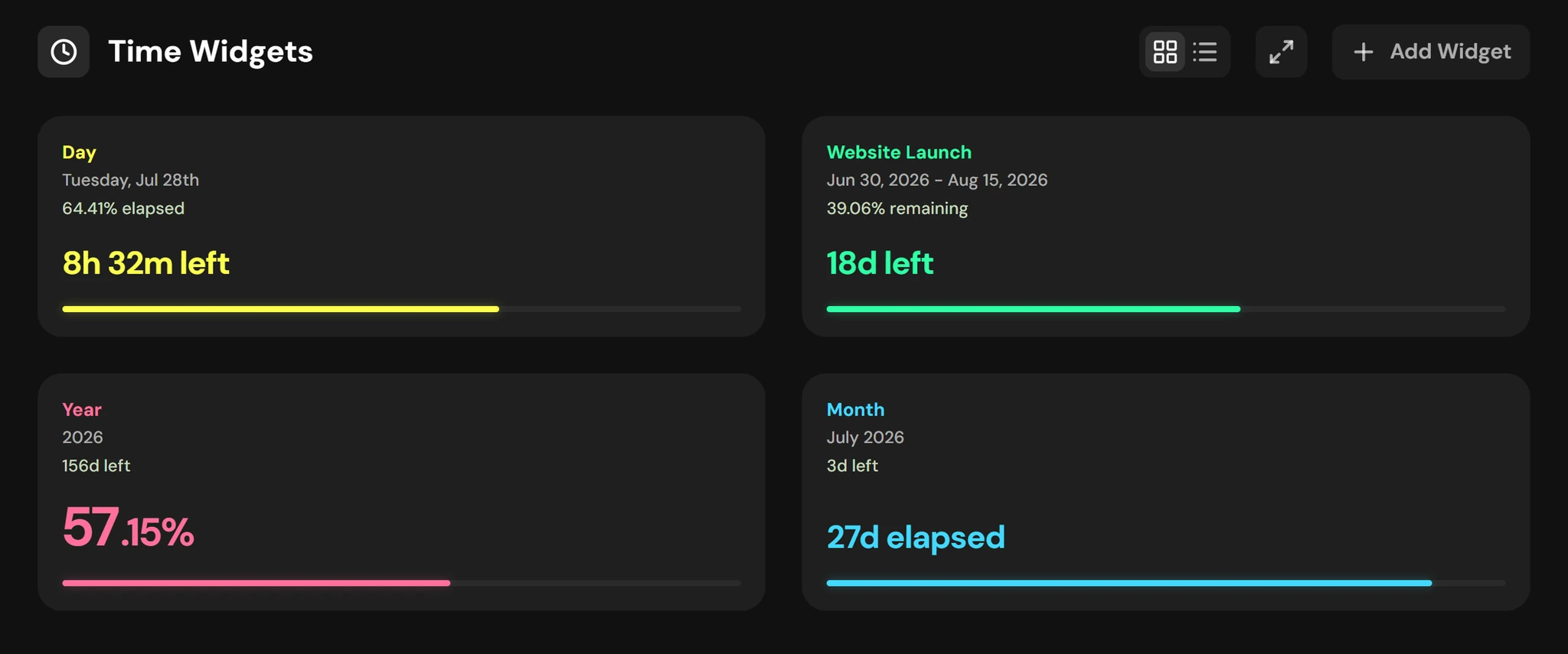The Dunzo time widgets page, with progress widgets for the day, a project and the year