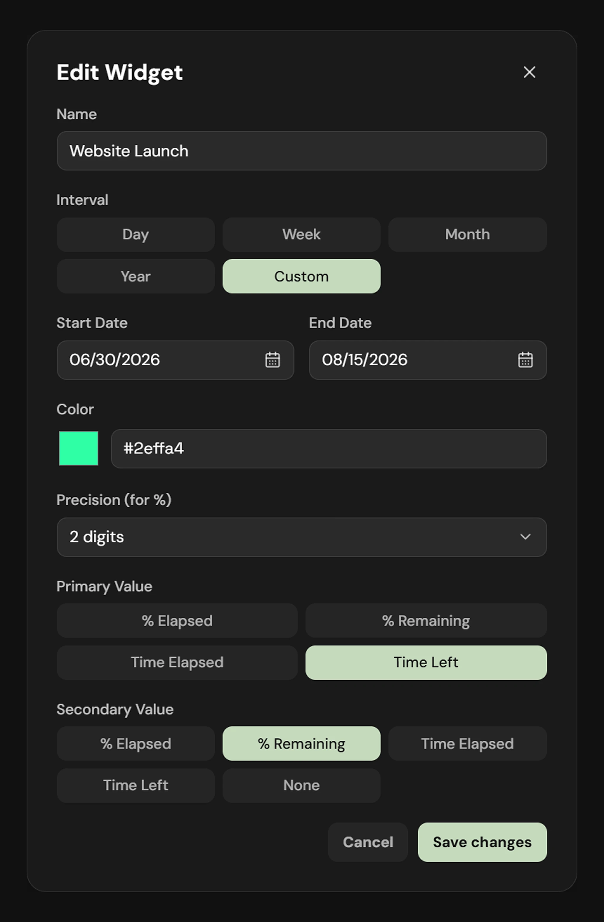 The widget editor, showing interval, color and value options