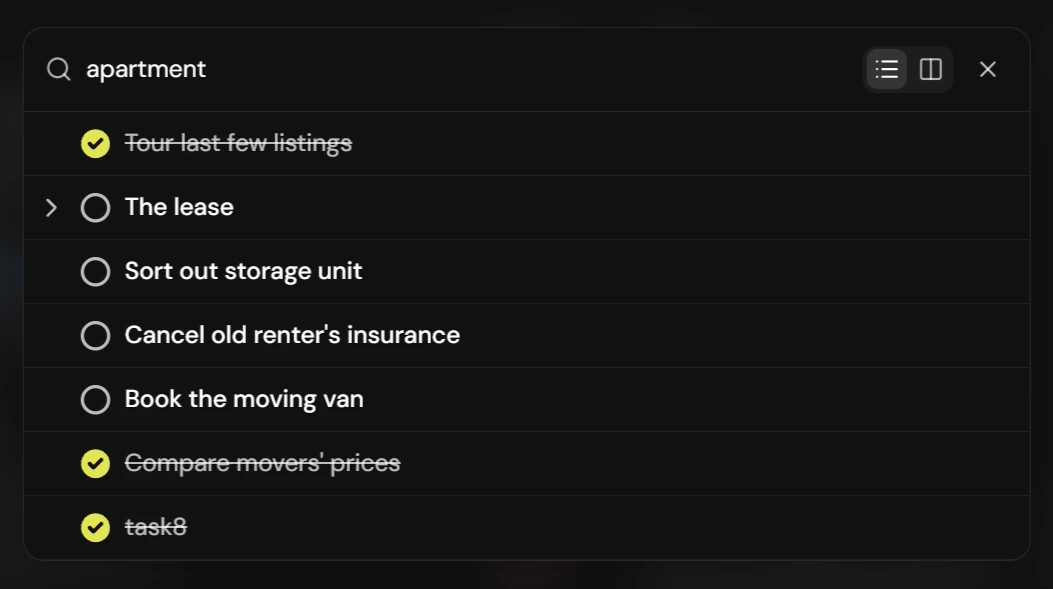 The Dunzo task finder in list mode, searching across all unarchived tasks