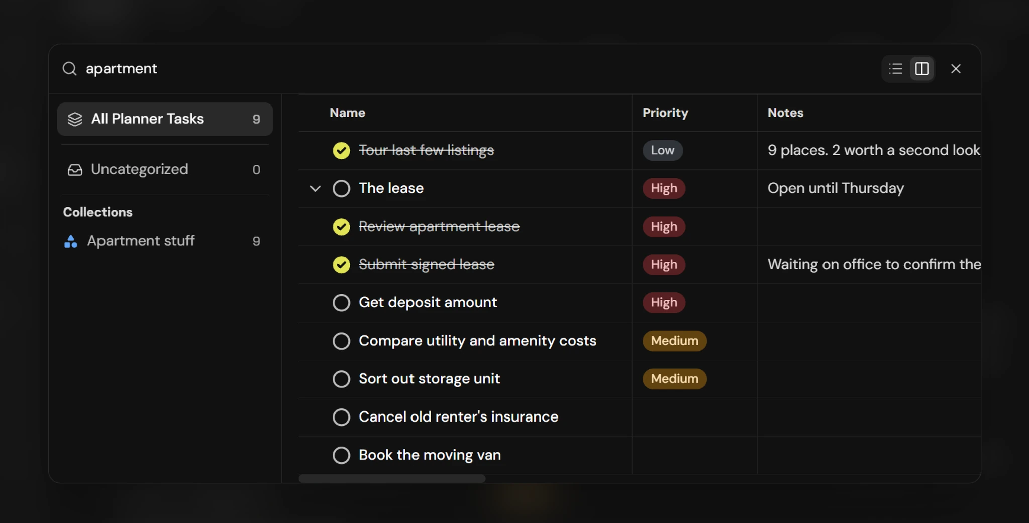 The task finder in two-pane mode, filtering search results by collection