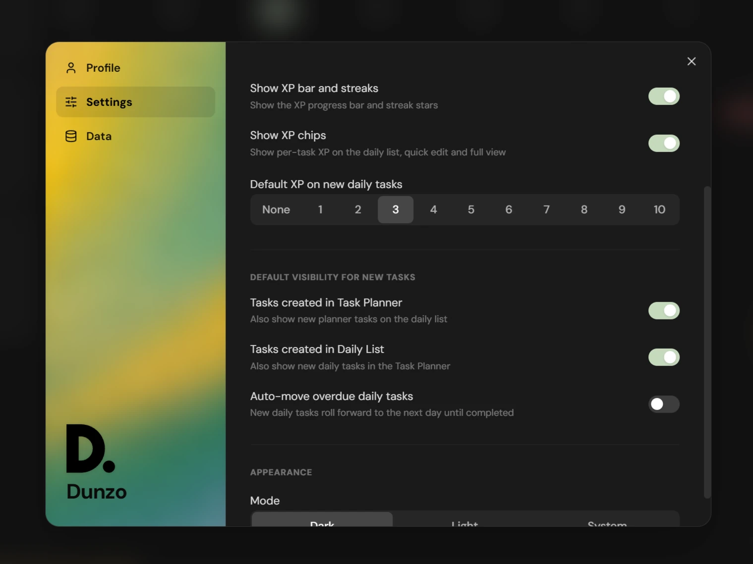 The Dunzo settings modal