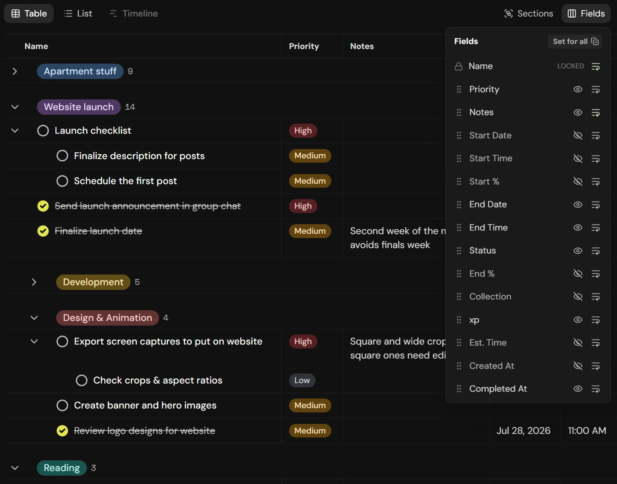The planner's Fields menu, reordering and toggling columns