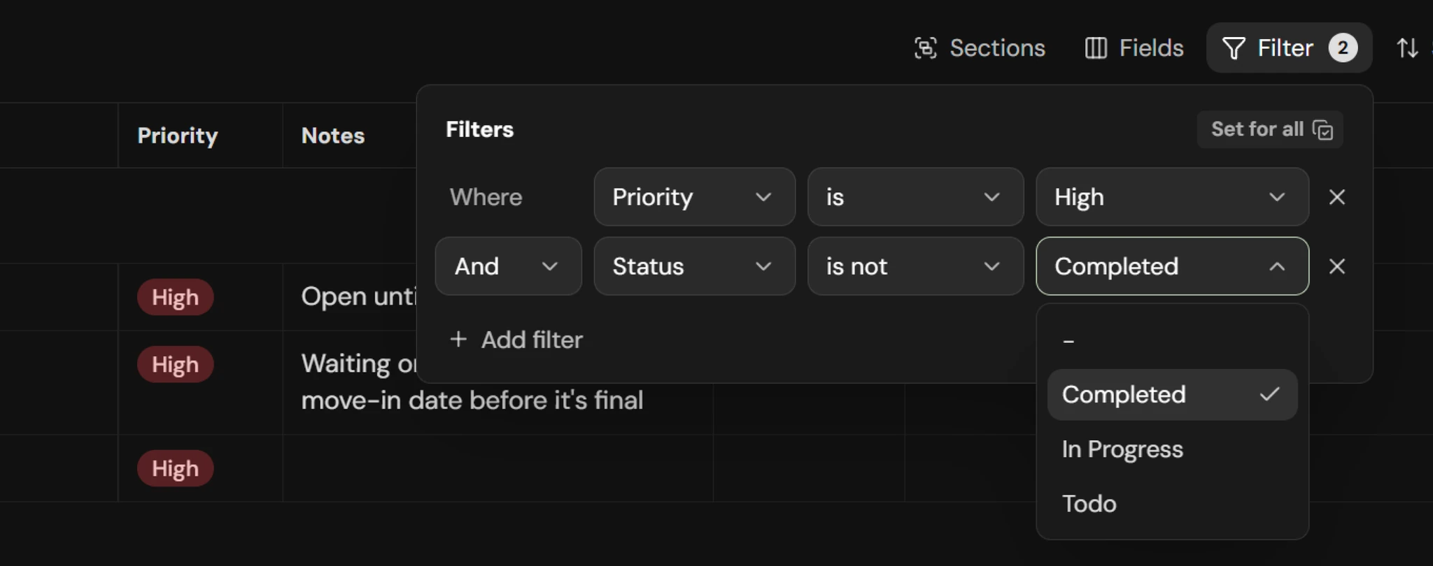 The planner's Filter menu, building a filter from field, condition and value