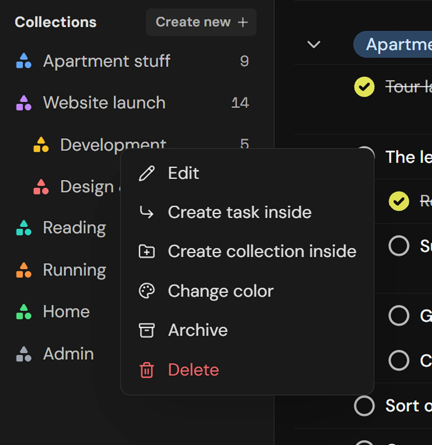 Right-click context menu on a collection in the planner sidebar