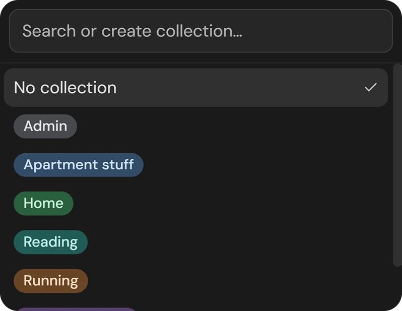 The Dunzo collection picker, searching for a collection