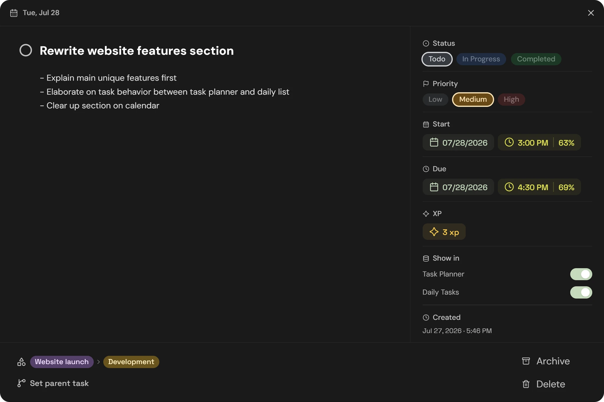 A Dunzo task open in full view, showing status, priority, dates, XP, collection and parent task